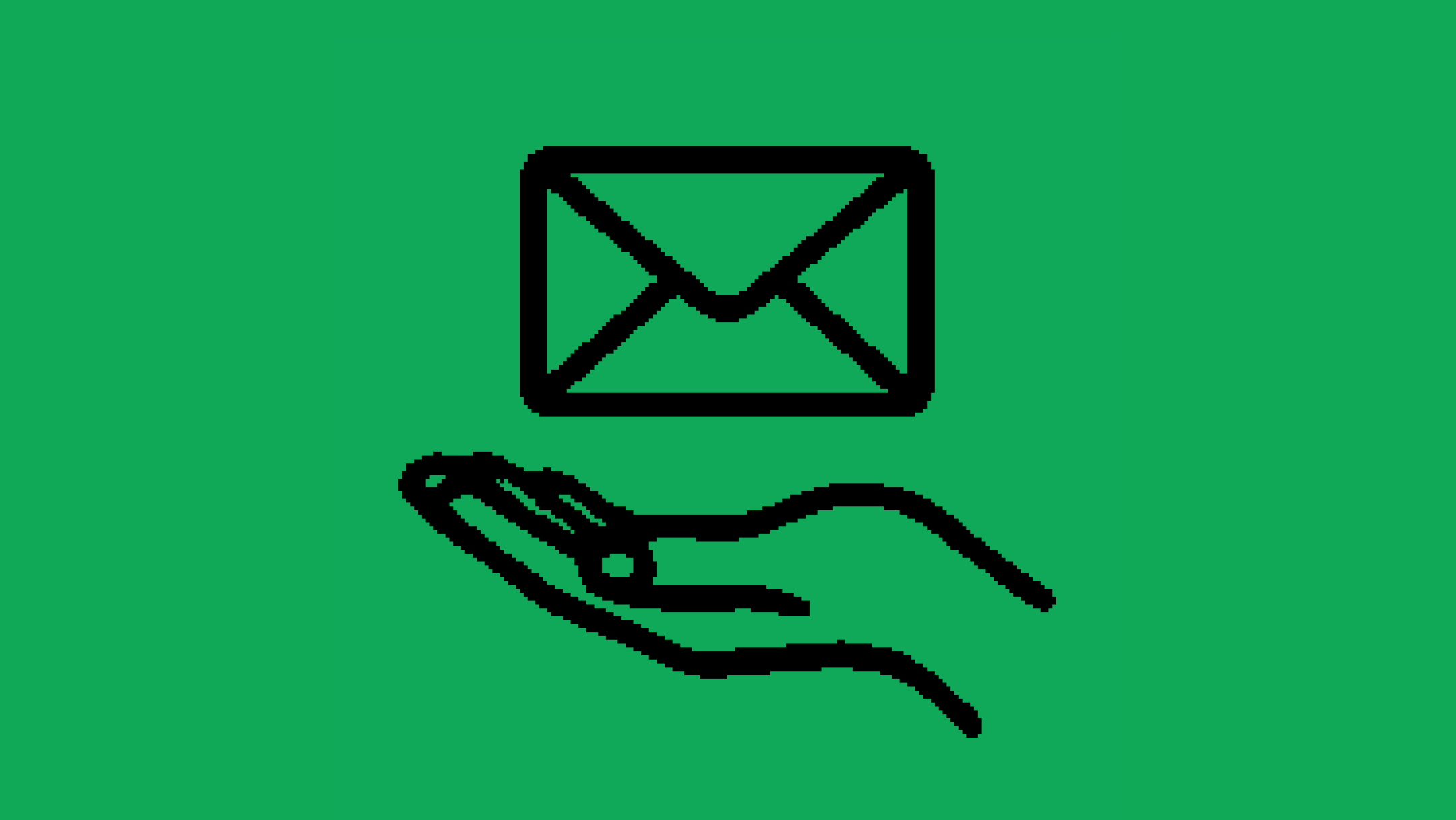 An envelope hovers over an upturned palm