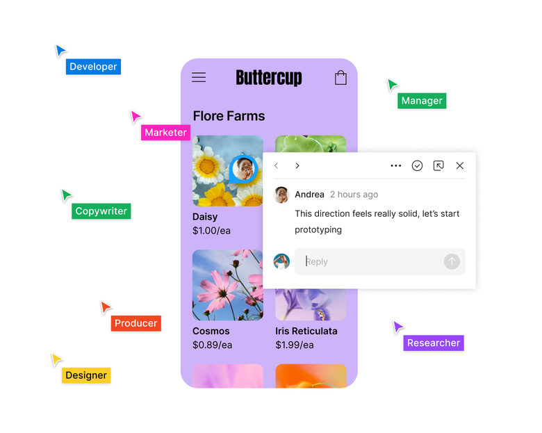 Des curseurs interagissant sur un design mobile dans un fichier Figma, et un commentaire sélectionné confirme l'alignement