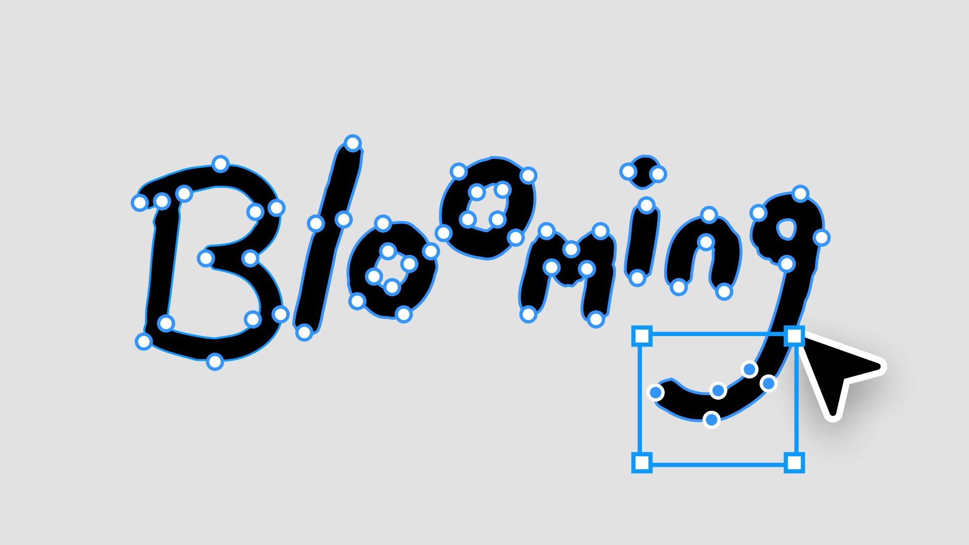 Vectorized hand-drawn lettering with a single letter selected and its anchor points visible for editing.