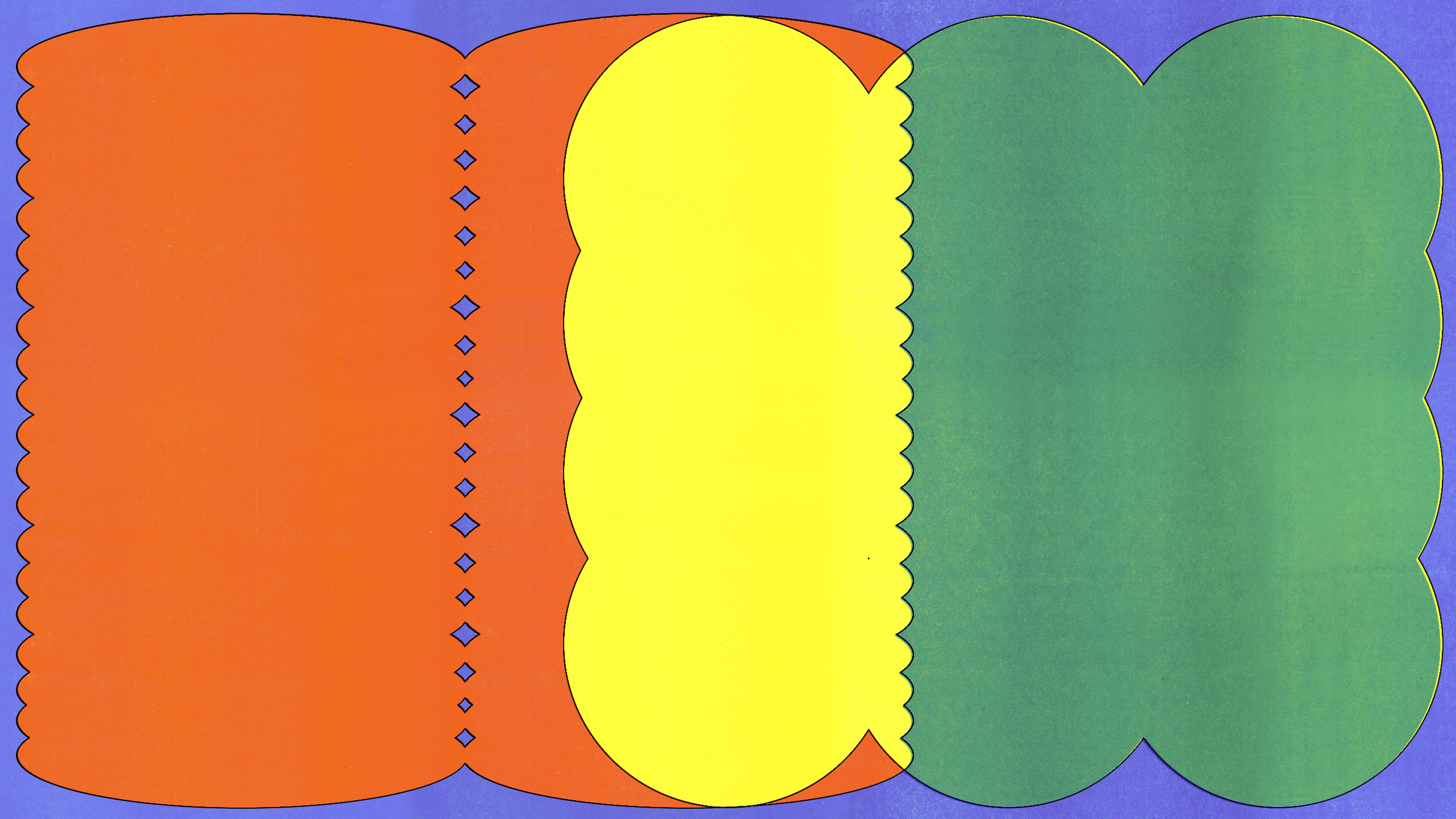 Image of a geometric artwork with an orange triangle with a scalloped base, a green zigzag shape, and a blue cloud-like form, all against a peach background.