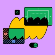 A coral background with green, yellow, and black overlapping, development-related shapes, such as the Dev Mode toggle.