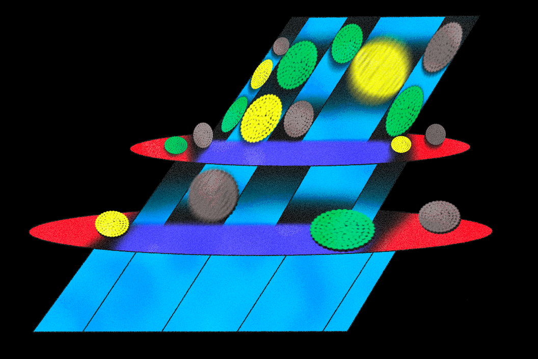 Layers of red elliptical sieves filter yellow, green, and gray particles traveling along blue diagonal lanes.