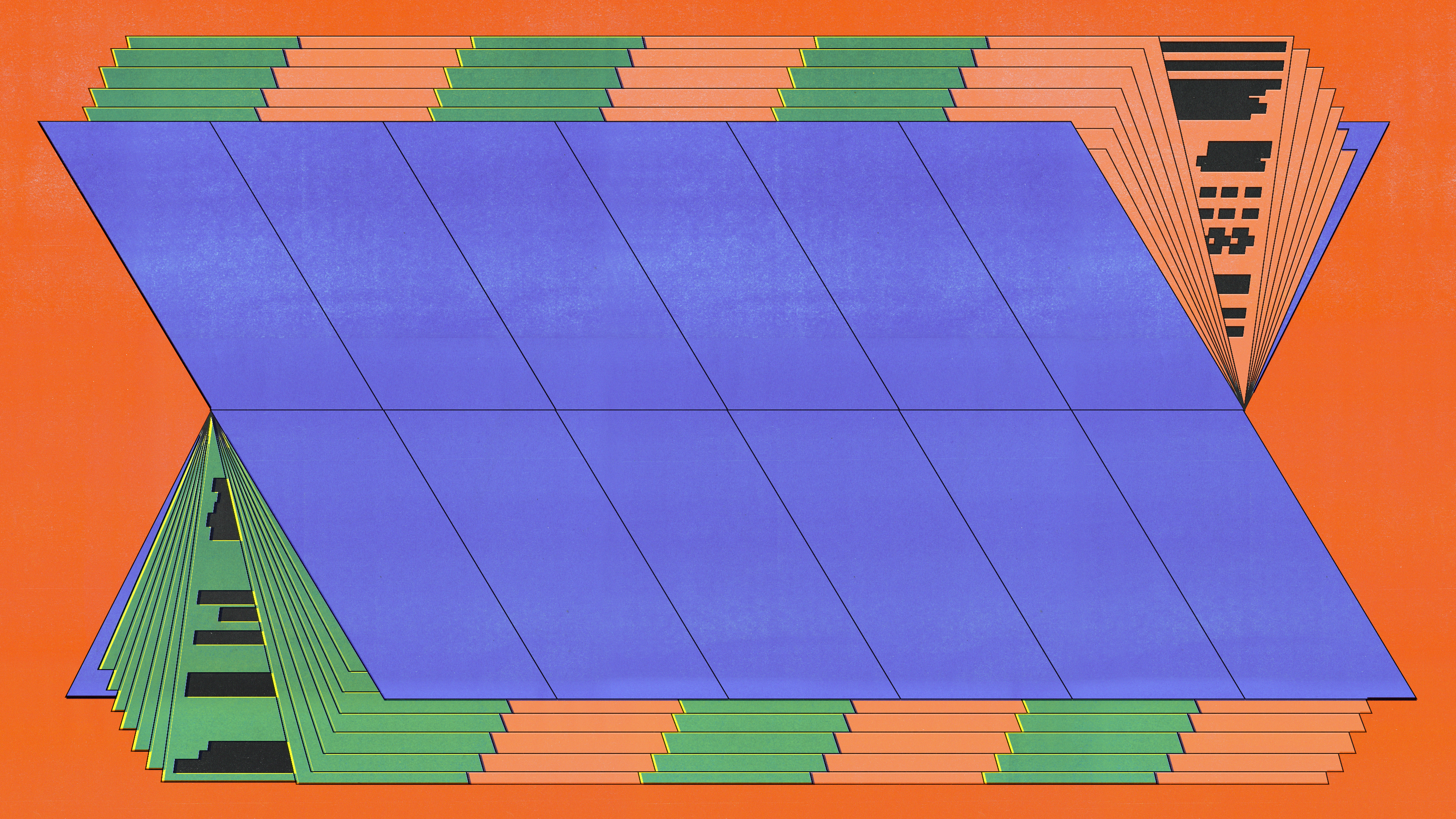An abstract digital illustration featuring a geometric composition of layered, book-like structures. A large blue rectangular shape dominates the center, appearing as if it's flipping open or unfolding. Beneath and around it, multiple stacked layers in green, orange, and yellow extend outward in a stepped pattern, resembling fanned-out pages or architectural forms. Some of the layers contain black abstract markings, evoking a sense of encoded information or digital text. The background is a vibrant orange, enhancing the contrast between the structured elements and their surroundings.