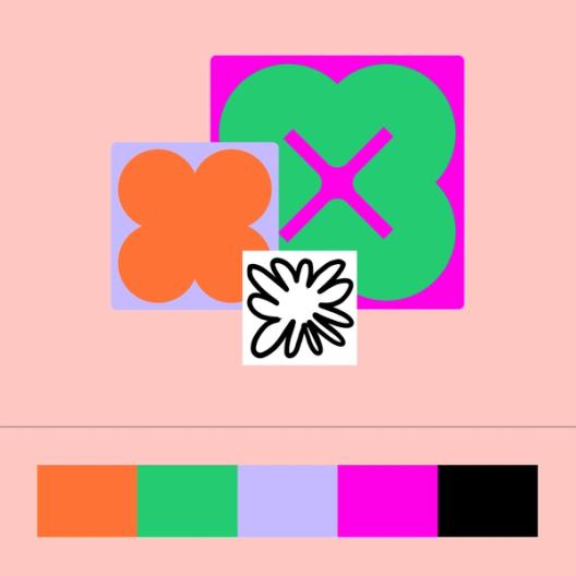 A colorful geometric design on a pale pink background. An orange flower-like shape is placed in a purple square, overlapping a bright green flower with a pink "X" in a magenta square. Below, a black abstract petal shape appears in a white square. The color palette features orange, green, purple, magenta, and black.