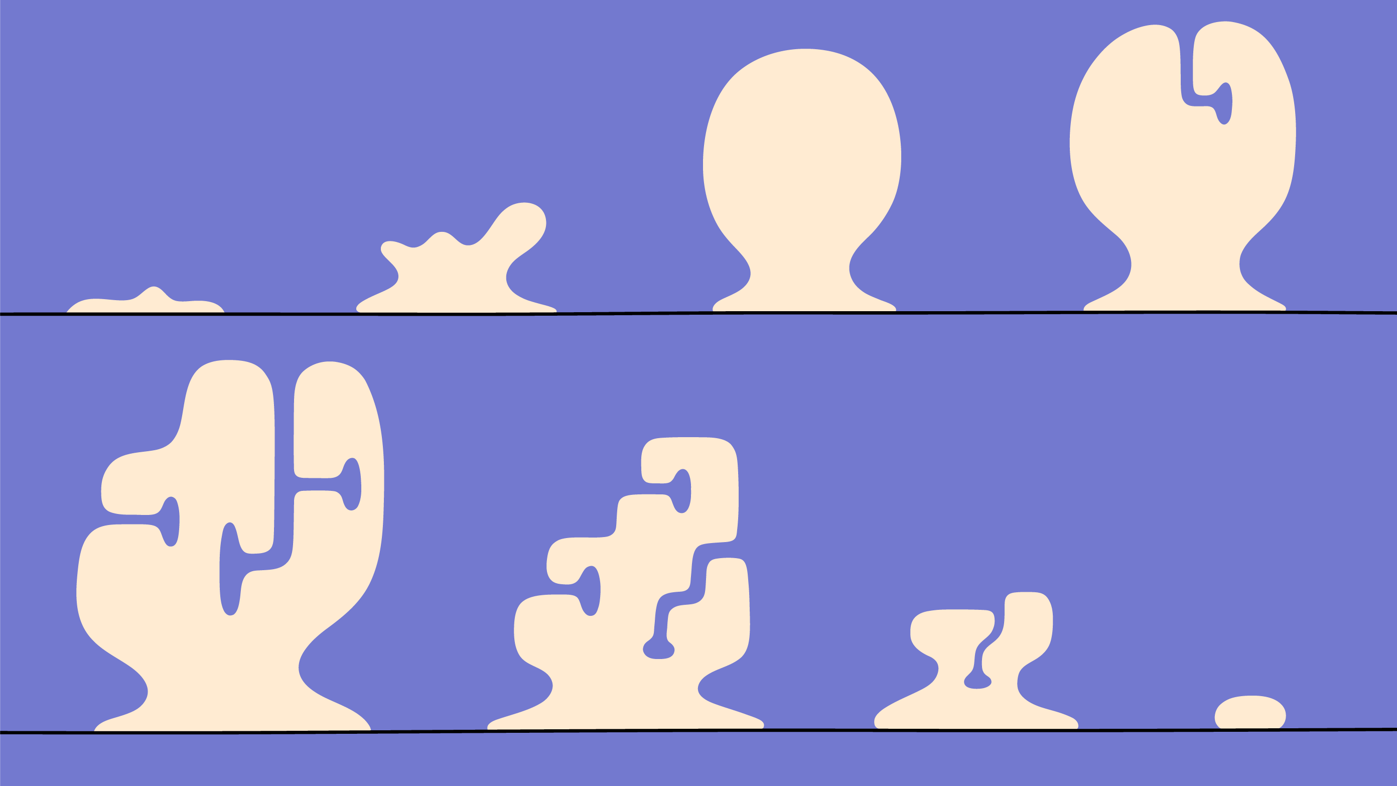 An abstract illustration featuring silhouetted shapes against a solid blue background. The top half shows three simplified, bald human head profiles with different irregular features—one has a wavy outline, another has a heart-shaped indentation, and the third has a split top. Below, there are various abstract shapes resembling melting forms or puddles with parts that interlock like puzzle pieces.