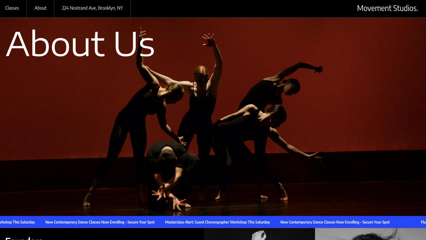 This about us page for a dance studio begins with a striking image of dancers taking a pose