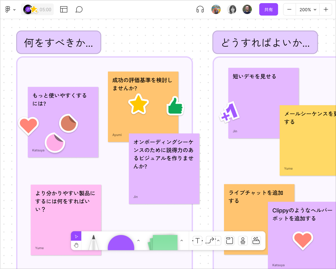 「What will we...」、「How might we...」などのセクションを含むFigJamファイル。これらのセクションには、チームメイトからの付箋やステッカーを用いたリアクションが含まれる。