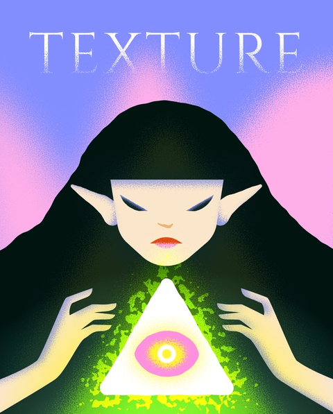 Mystische Fantasy-Illustration einer elfenähnlichen Figur mit einem grün leuchtenden Dreiecksamulett unter dem Wort „TEXTUR“.