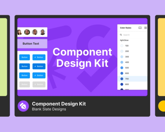 具有紫色背景、按钮文本示例和颜色样式的组件设计工具包文件。
