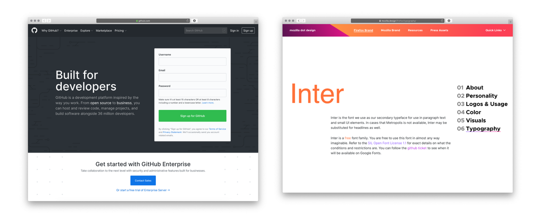 Screenshots: Github homepage, Mozilla design guidelines typography page showing Inter typeface