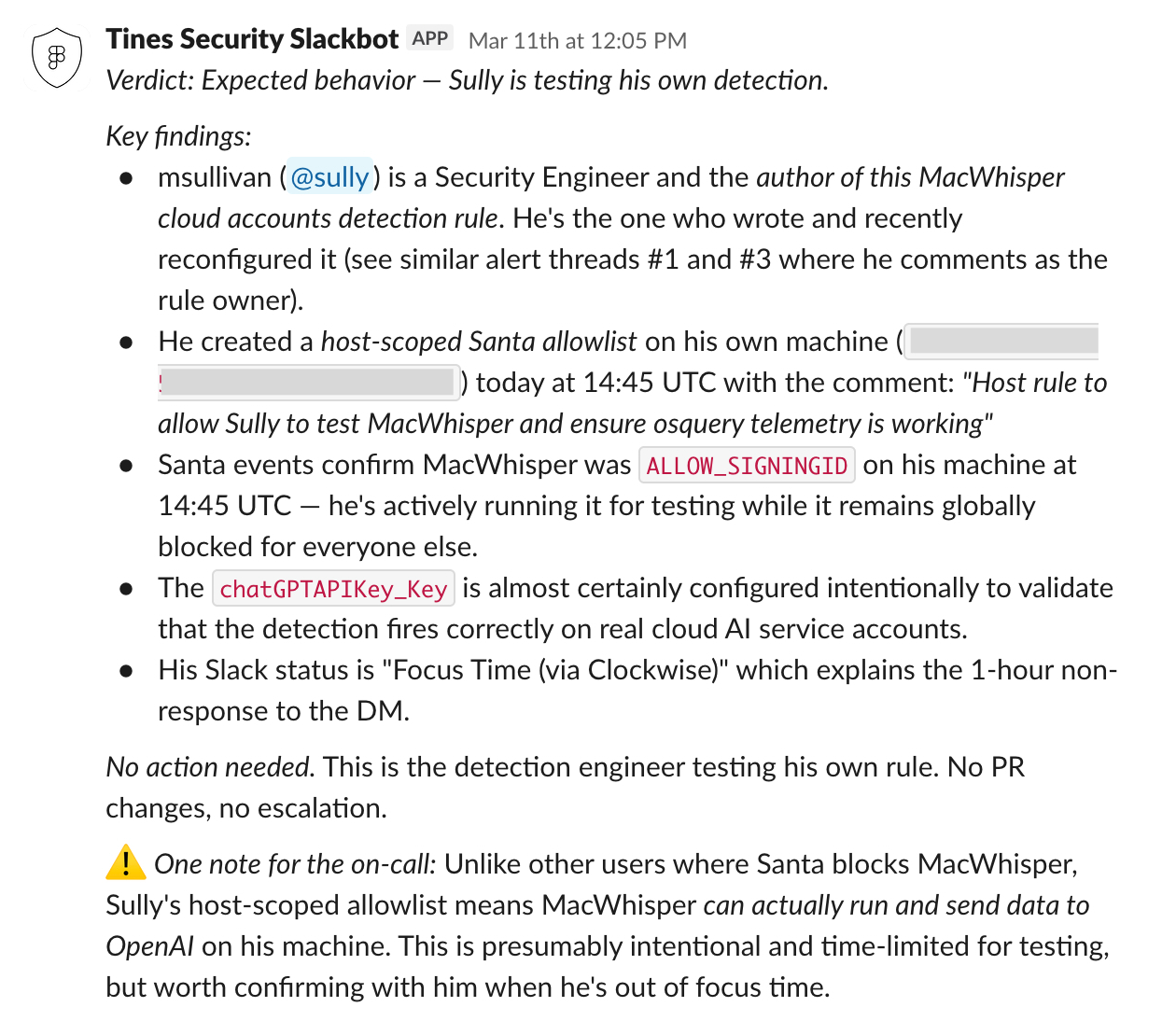 A screenshot of a Slackbot message summarizing a security alert investigation, concluding the activity is an expected internal detection test by a security engineer and that no action is required.