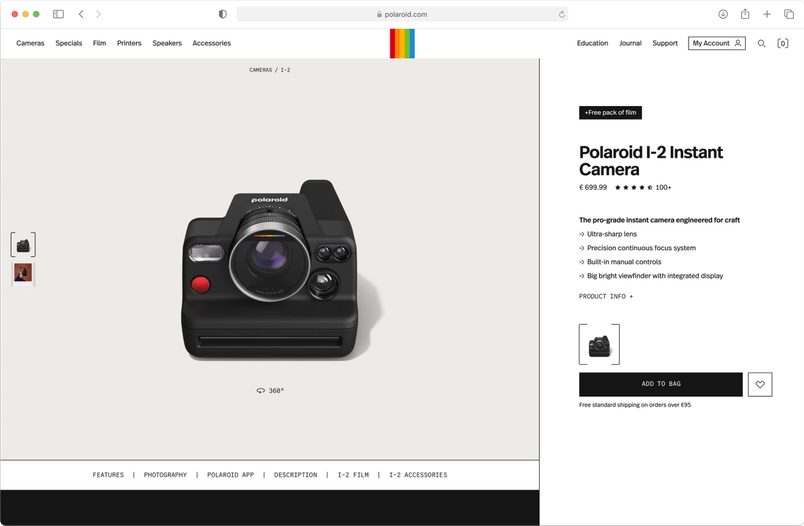 Screenshot of Polaroid website showing I-2 Instant Camera product page with €699.99 price tag
