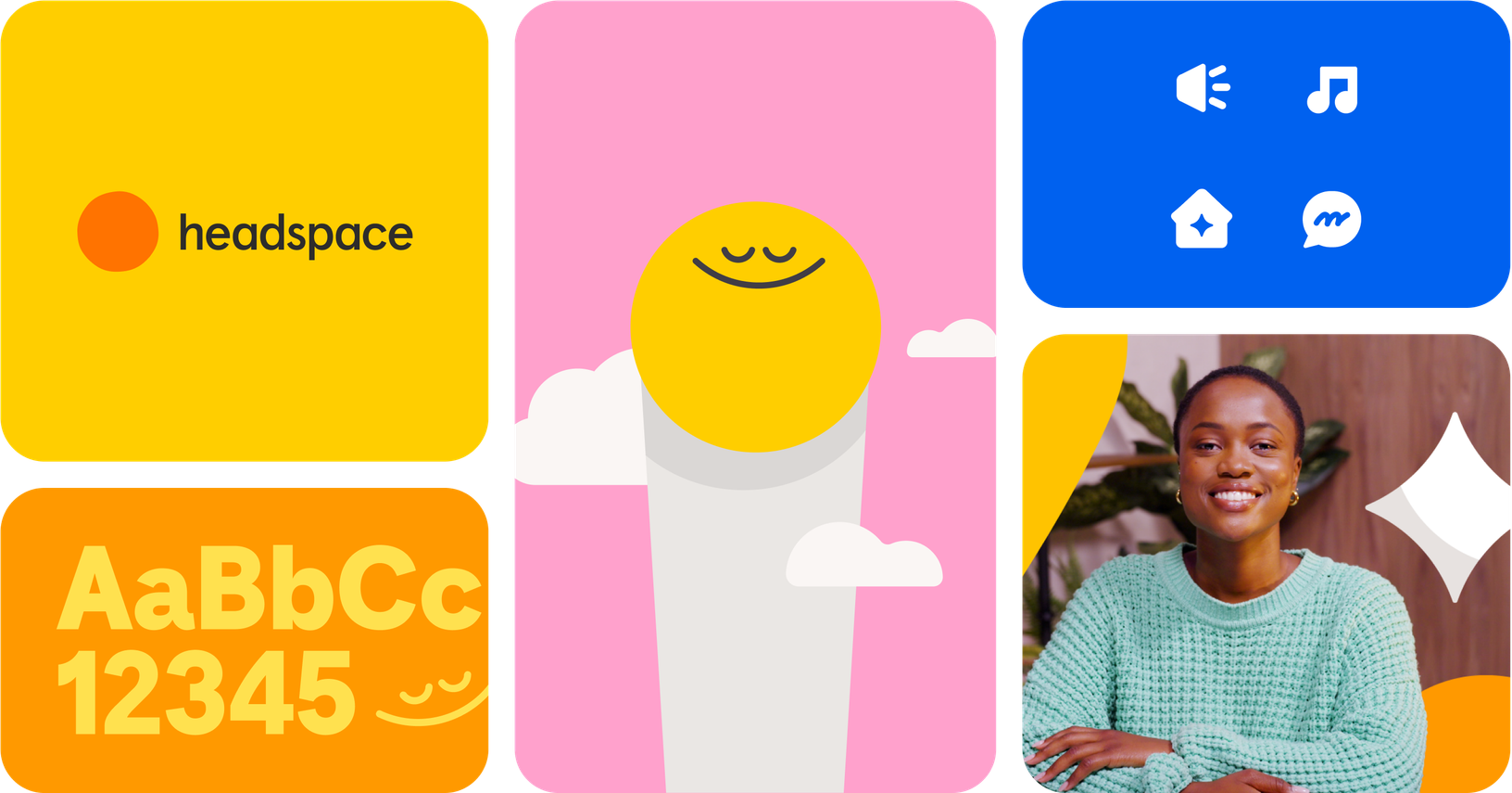 Five images showing a logo, typography, character, icons, and photography