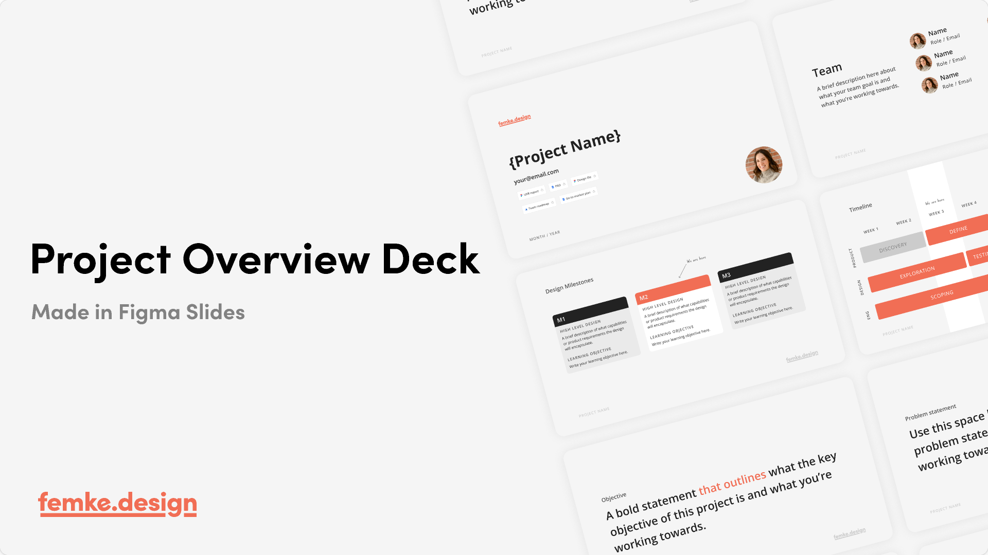 A white slide showcasing a "Project Overview Deck" created in Figma. It displays a preview of multiple slides with a clean layout, including sections for team introductions, timelines, design milestones, and objectives. The bottom left features "femke.design" in orange.