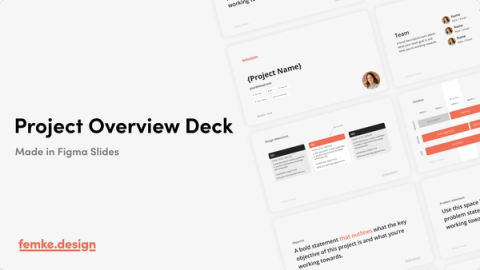 A white slide showcasing a "Project Overview Deck" created in Figma. It displays a preview of multiple slides with a clean layout, including sections for team introductions, timelines, design milestones, and objectives. The bottom left features "femke.design" in orange.