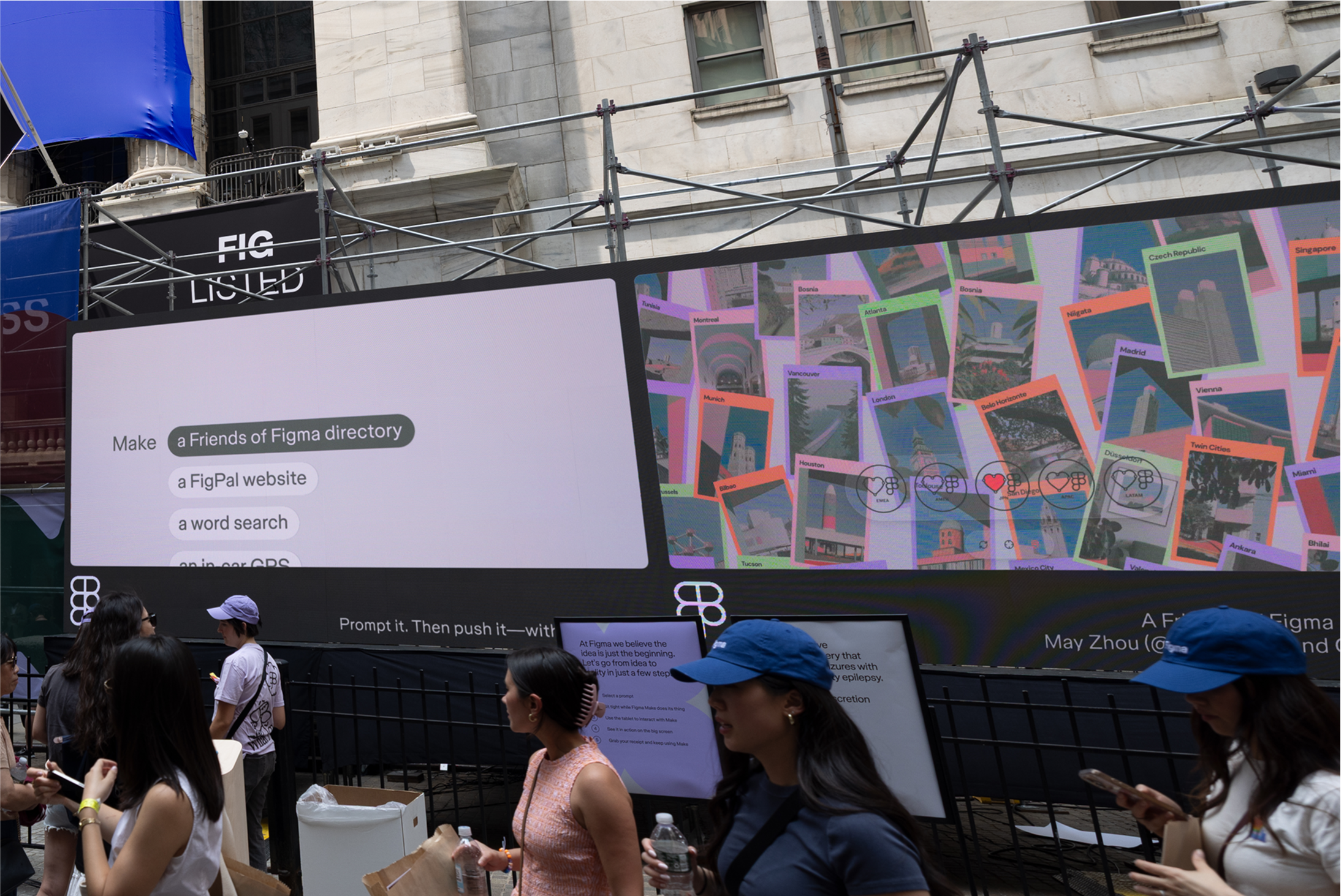 A large screen displays a “Friends of Figma” directory project, set up outside the NYSE.