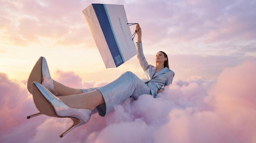 A woman in a silver suit and high heels reclines among pink clouds at sunset, holding up a branded shopping bag triumphantly against a dreamy pastel sky.