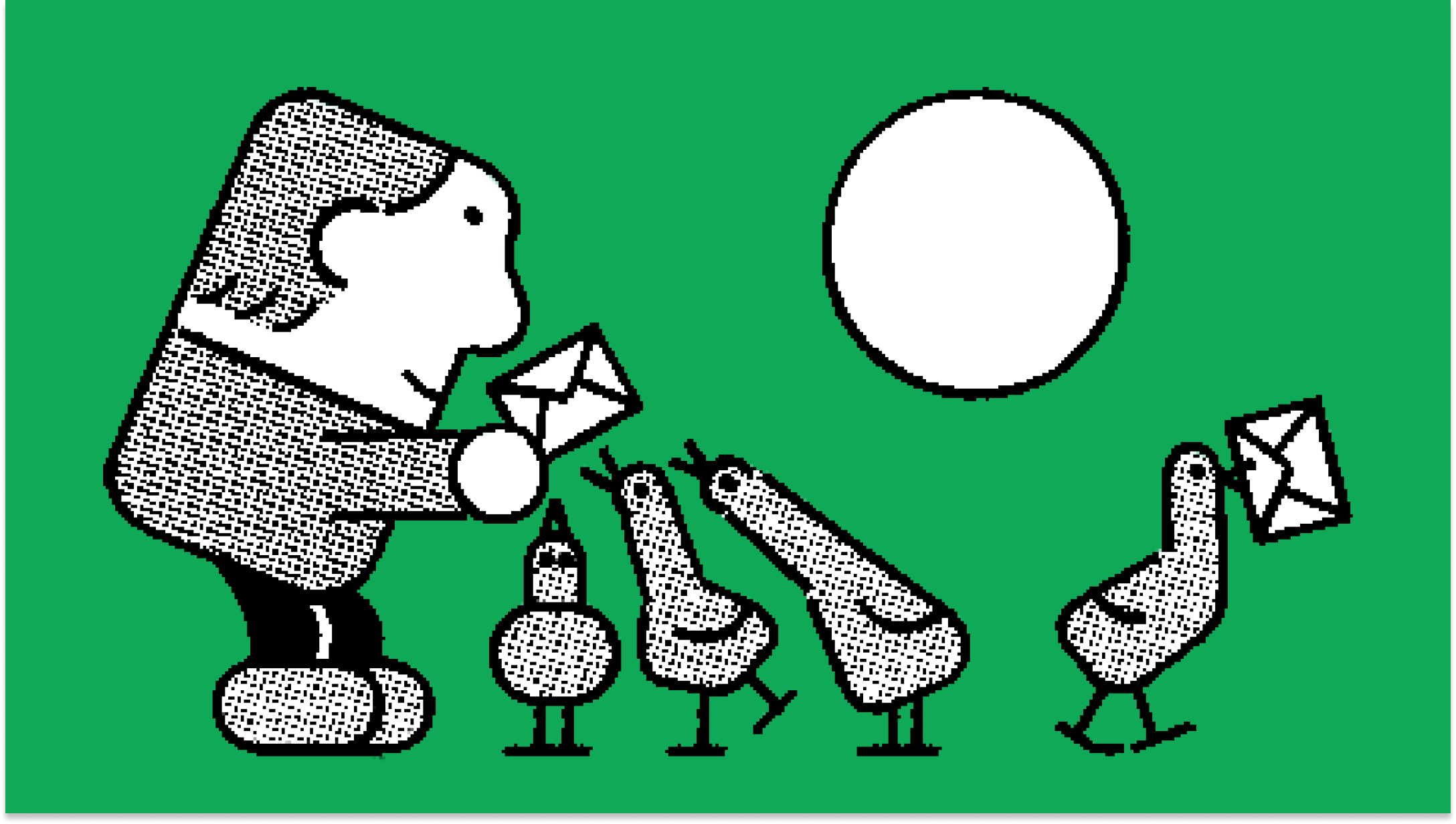 An illustration of a person handing an envelope to three birds, and one bird walking off with an envelope in its beak