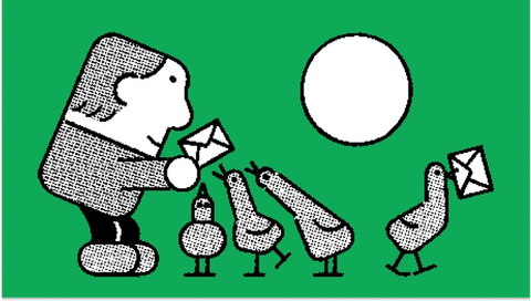 An illustration of a person handing an envelope to three birds, and one bird walking off with an envelope in its beak