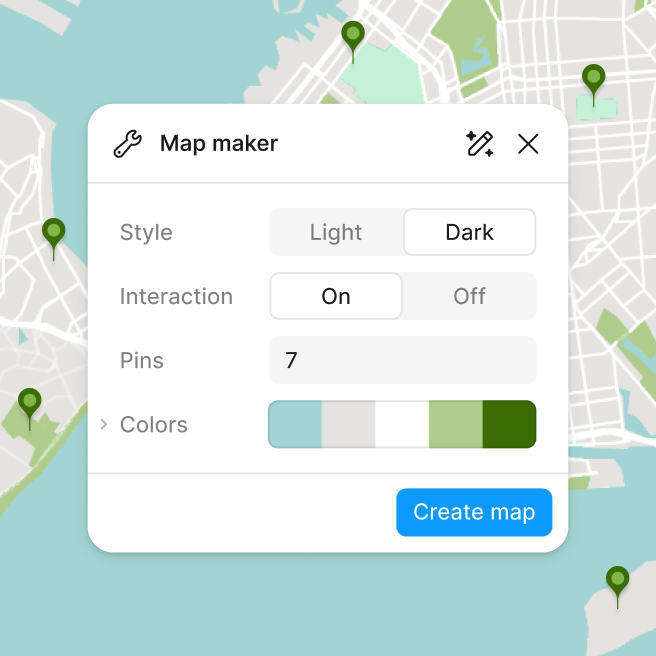 UI of a map maker plugin with options for light and dark mode, interactivity, pins, and colors