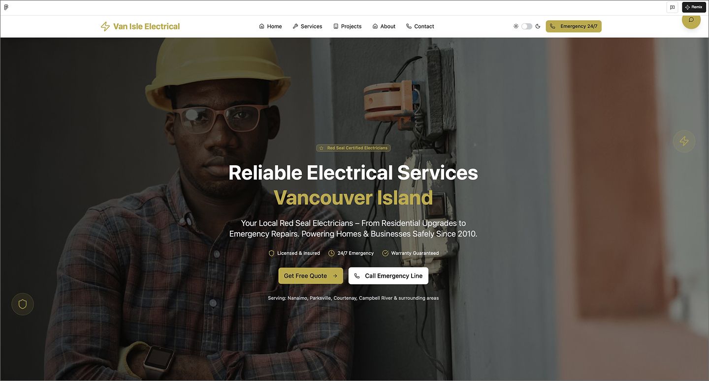Screenshot of the Van Isle electrical website created using Figma Make.