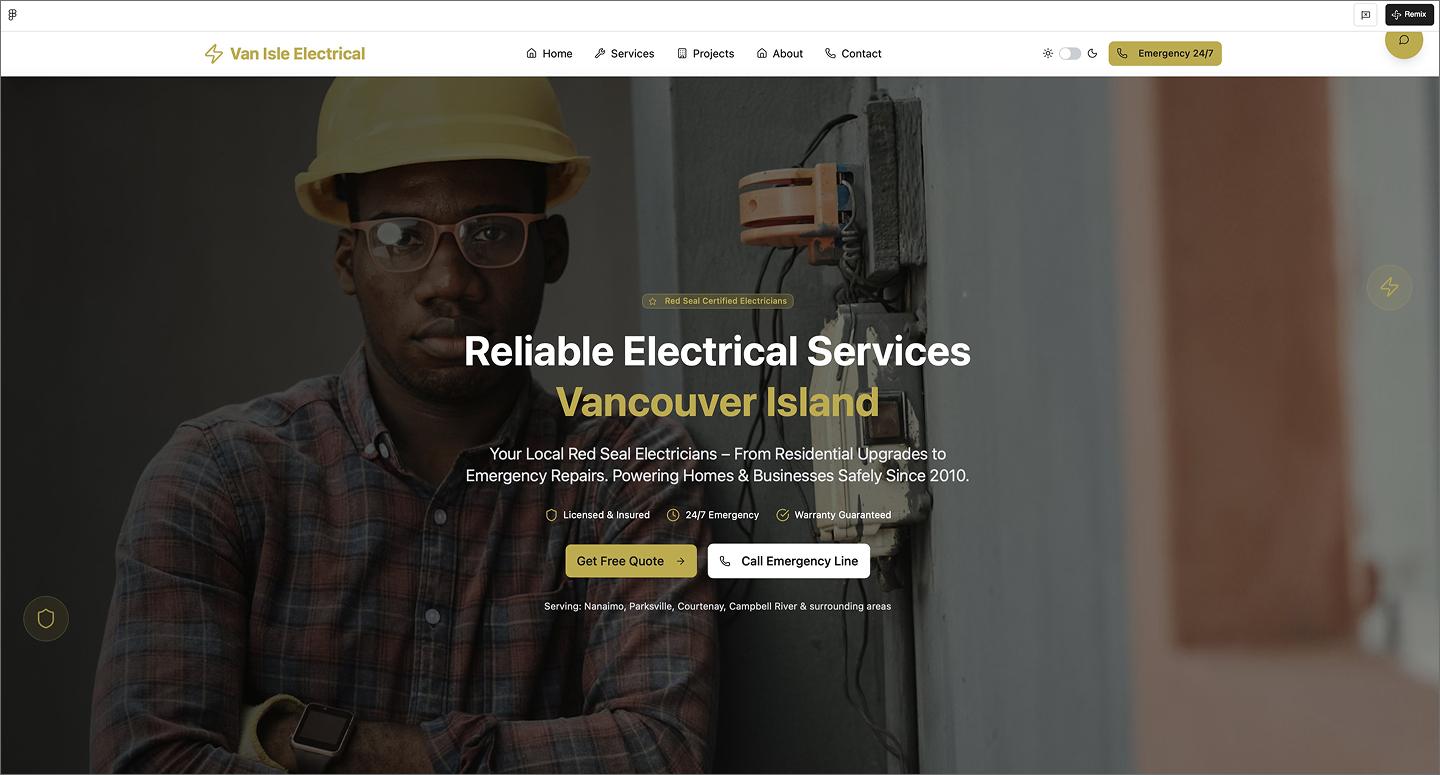 Screenshot of the Van Isle electrical website created using Figma Make.