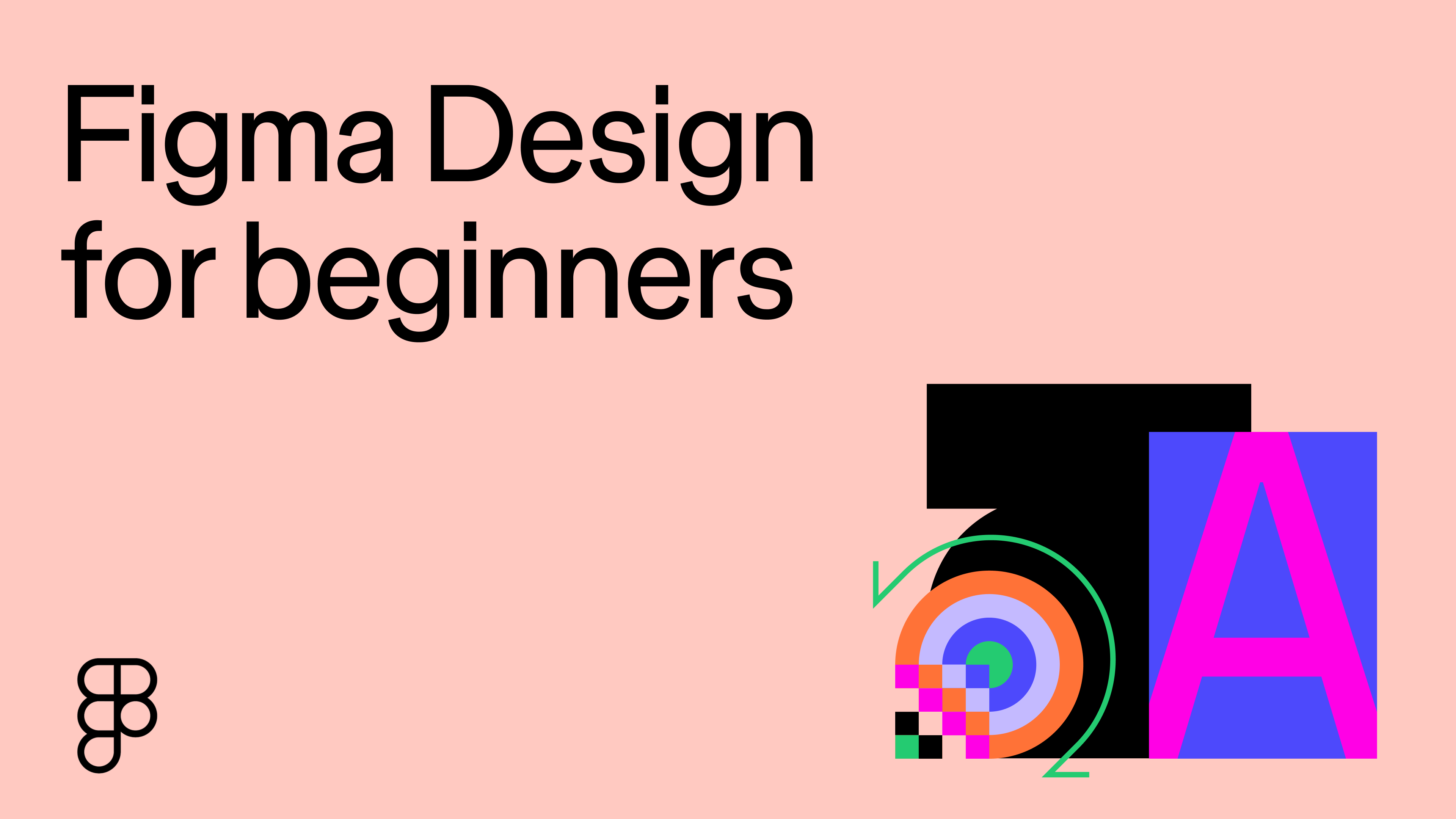 Une carte rose qui mentionne « Figma Design pour les débutants ». Un collage graphique représentant un grand A et des formes abstraites se trouve dans le coin inférieur droit.