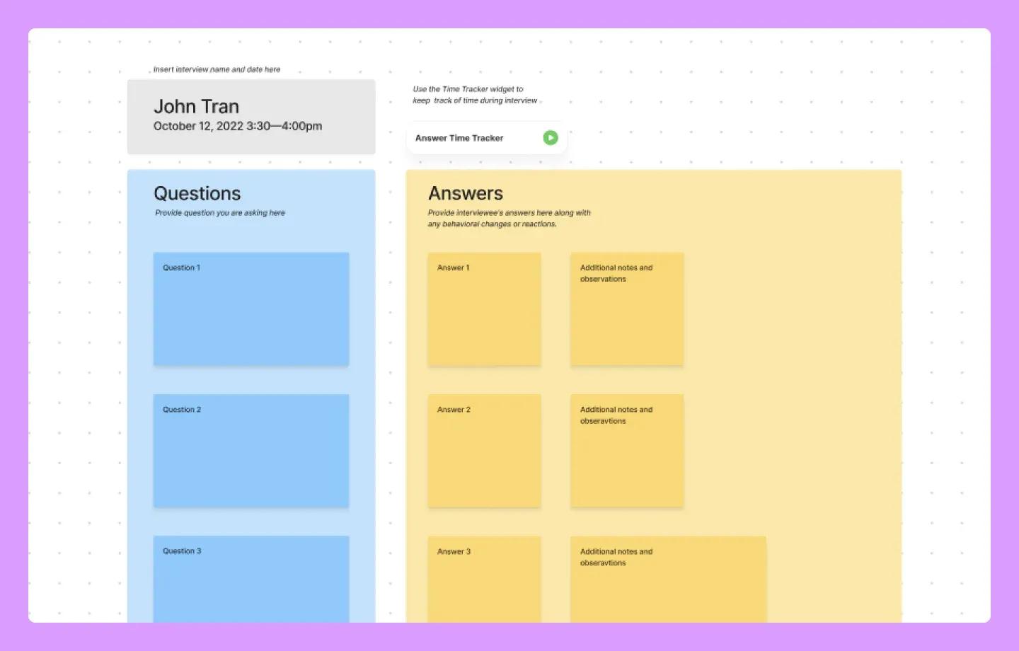 A user interview template to gather feedback when conducting usability testing during the product development process.