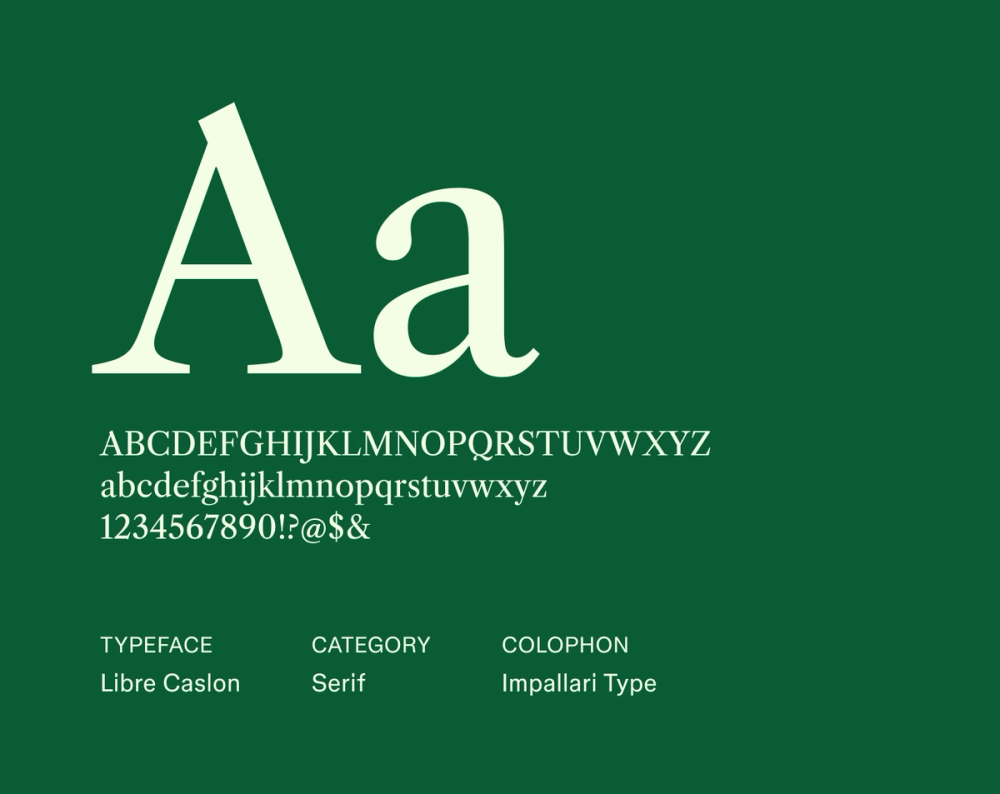 Libre Caslon sample with gently irregular, graceful serifs and balanced, classic proportions.