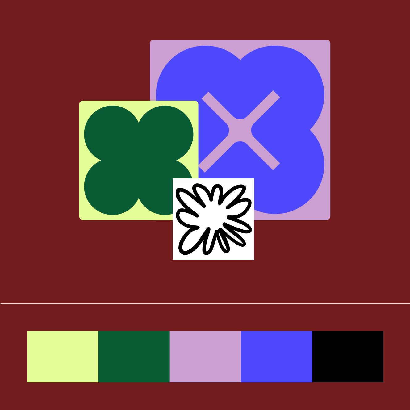 An abstract design on a maroon background. A dark green flower-like shape is in a light green square, overlapping a purple flower with a light blue "X" in a pale purple square. Below, a black and white petal-like shape sits in a white square. The color palette is displayed below as light green, dark green, purple, blue, and black.