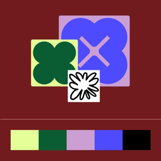 An abstract design on a maroon background. A dark green flower-like shape is in a light green square, overlapping a purple flower with a light blue "X" in a pale purple square. Below, a black and white petal-like shape sits in a white square. The color palette is displayed below as light green, dark green, purple, blue, and black.