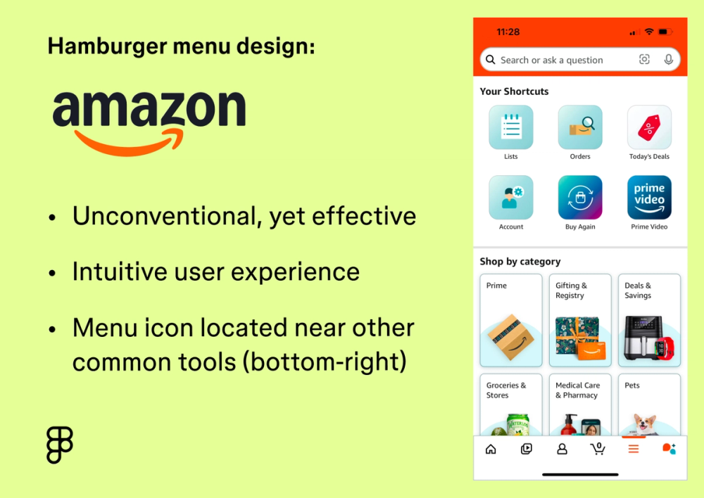 a screenshot of the Amazon app showing its hamburger menu design.