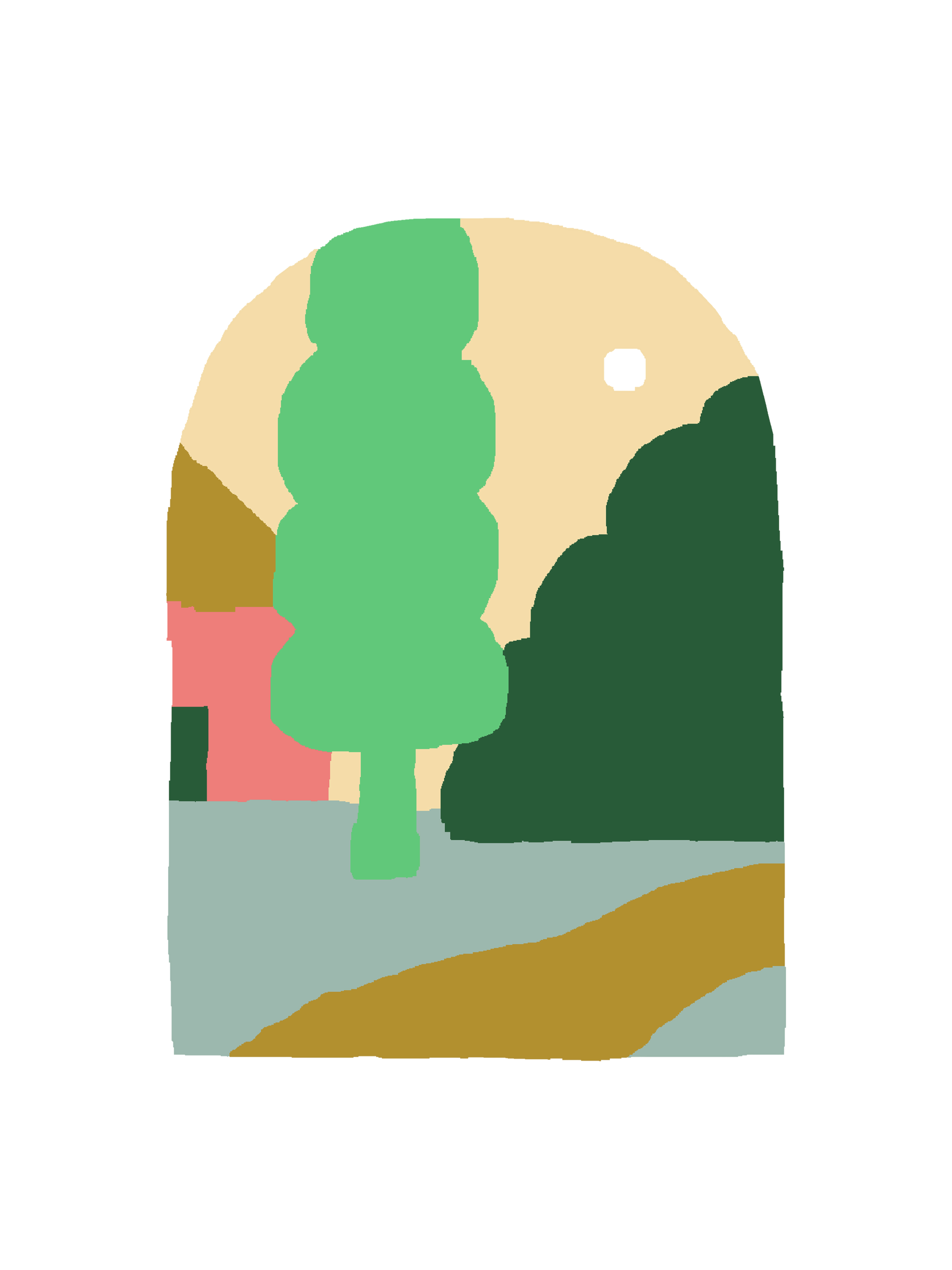 A painted landscape scene in an arch shape, featuring a green tree, pink house, dark hills, a winding path, and a small moon against a warm sky