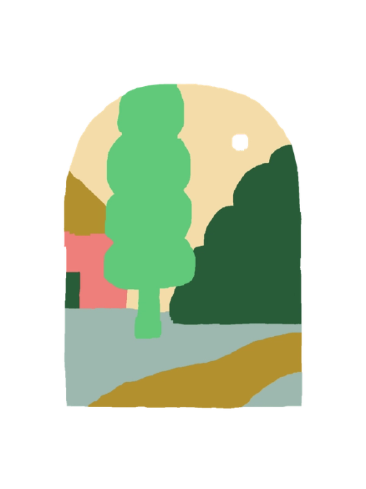 A painted landscape scene in an arch shape, featuring a green tree, pink house, dark hills, a winding path, and a small moon against a warm sky