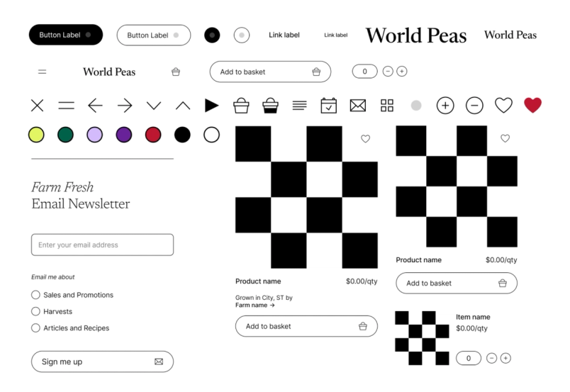 A user interface mockup showing various elements of a design system. It includes buttons, icons, color swatches, and typography samples for a fictional brand 'World Peas'. The layout displays button options, link labels, and navigational icons in a black and white theme. At the bottom, there's a section for a 'Farm Fresh Email Newsletter' sign-up form, product listing with price tags, and an 'Add to basket' button. The elements are neatly organized, showcasing how a design system maintains brand consistency across different components.