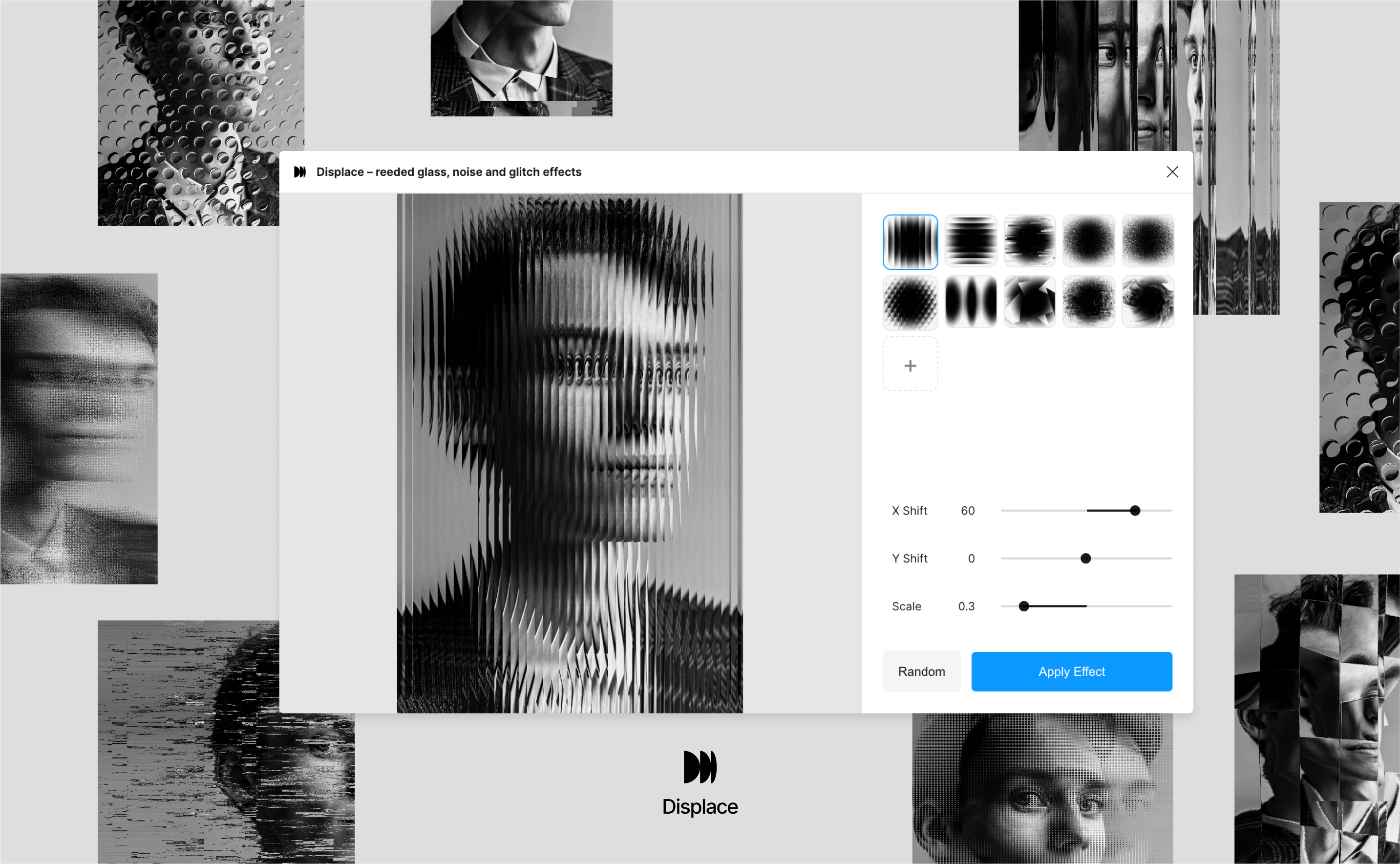 A black-and-white interface displaying reeded glass and glitch effects applied to portraits. The interface offers sliders for X and Y shifts and scale adjustments, with multiple texture previews above the settings.