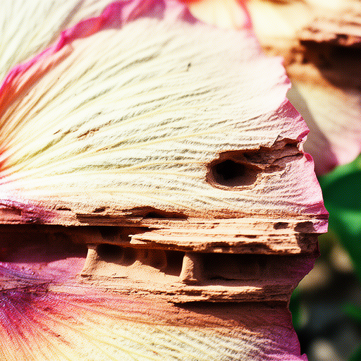 An AI-generated image combining the textures of a hibiscus flower and sandstone rock face, showing layered rock formations with pink and cream petal-like edges. 