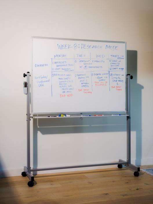 A whiteboard displays the class schedule for Week 8, named Research Mode.