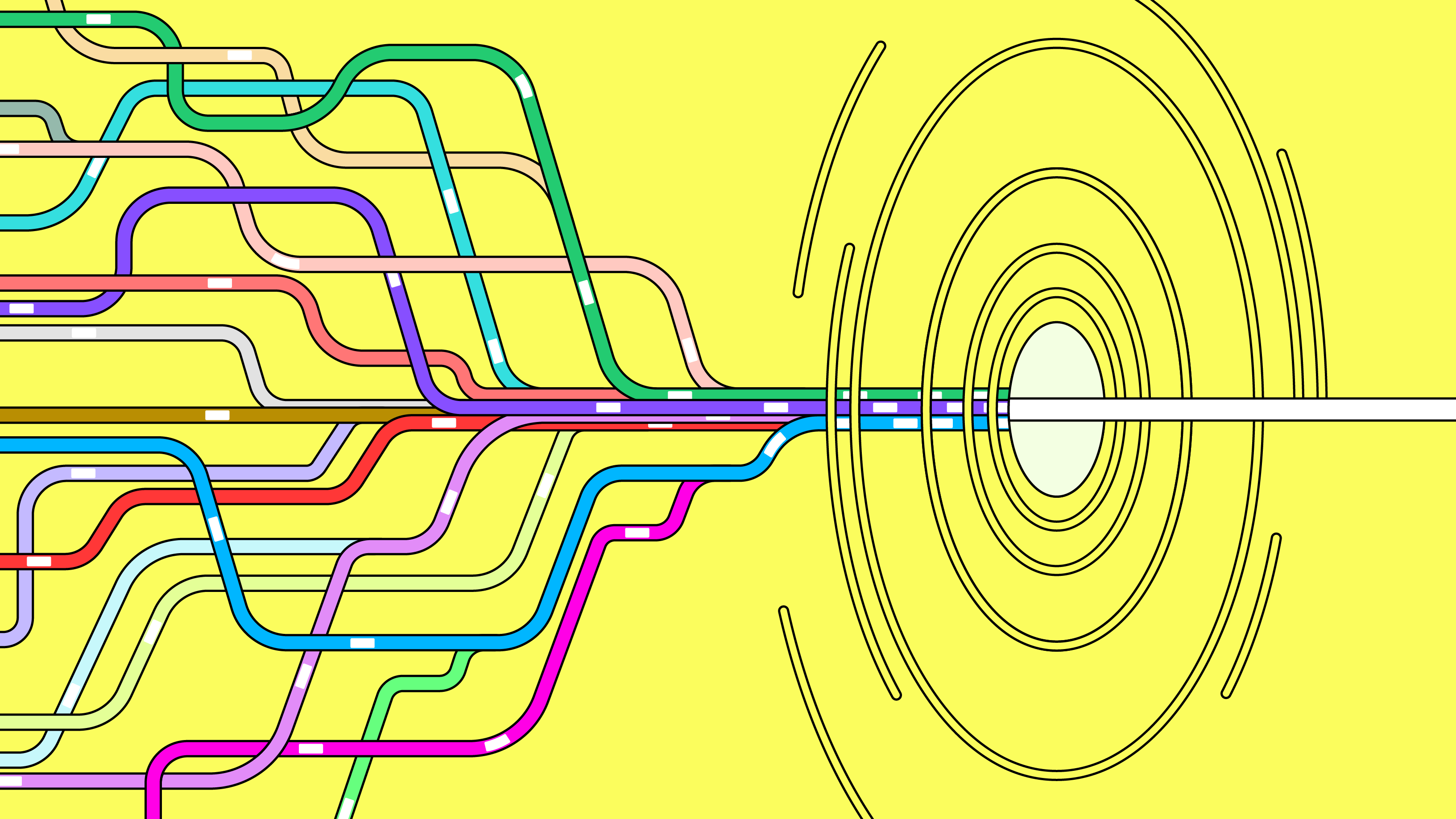 Colorful, intertwined transit-like lines converge into a central tunnel or portal on a bright yellow background.