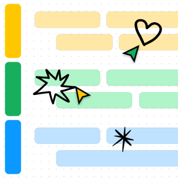 Abstracted roadmap of orange, green, and blue rectangles with heart and star illustrations.