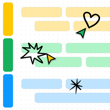 Représentation abstraite d'une roadmap faite de rectangles orange, verts et bleus avec des illustrations de cœurs et d'étoiles.