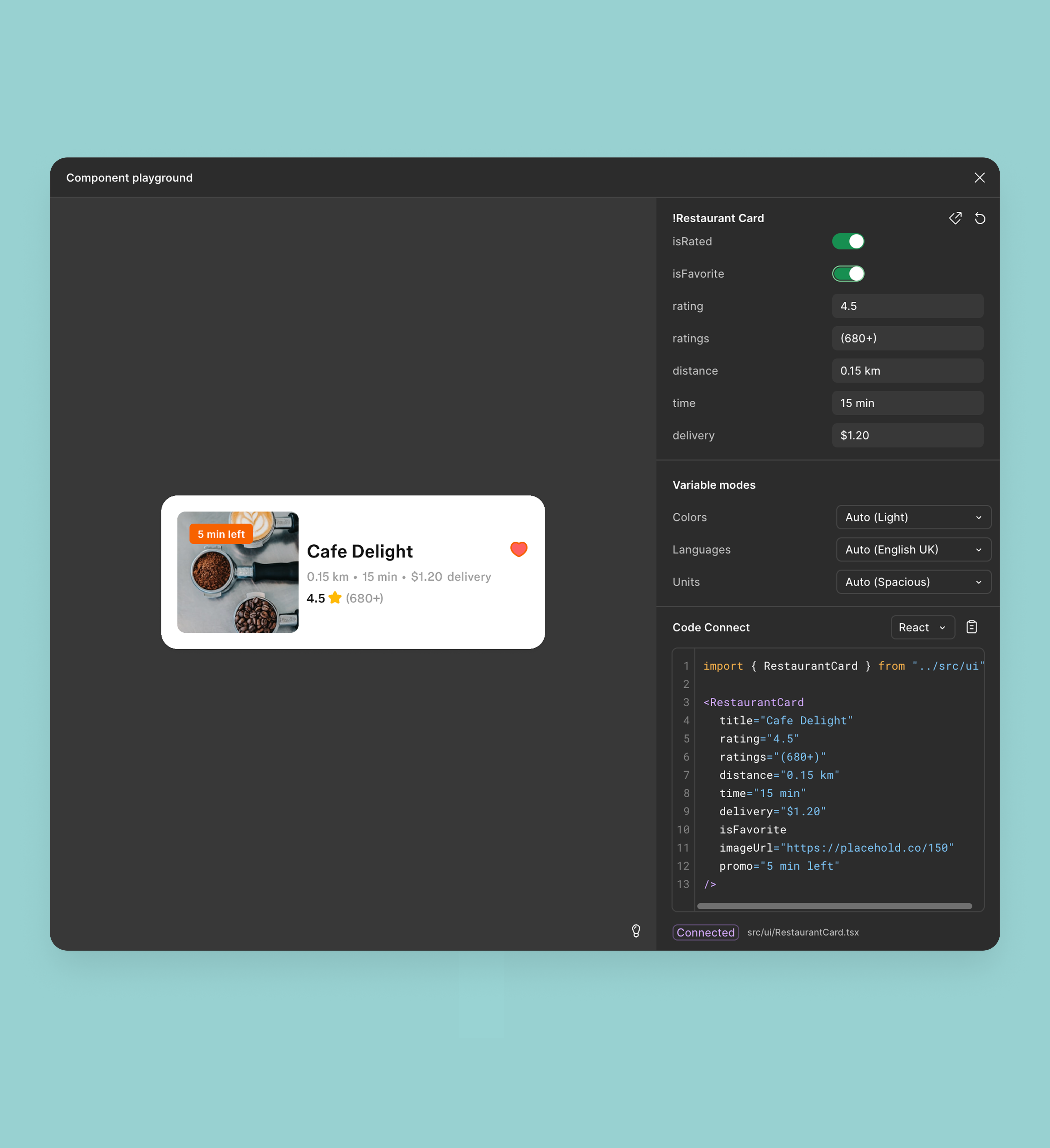 Figma showing a component playground with editable props and connected React code.