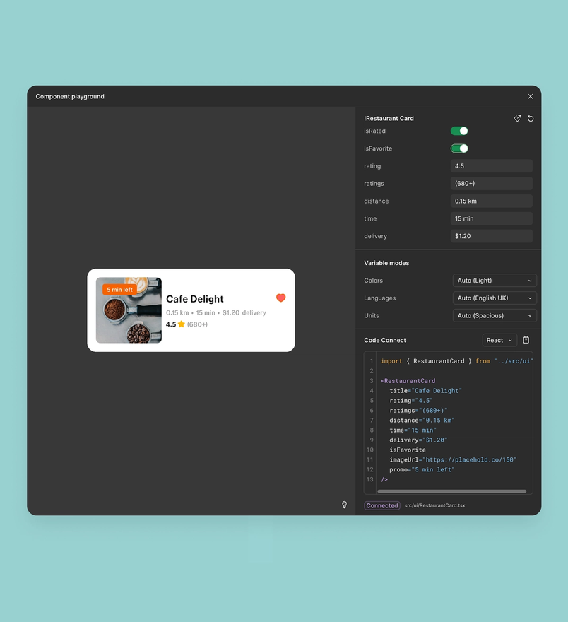 Figma showing a component playground with editable props and connected React code.