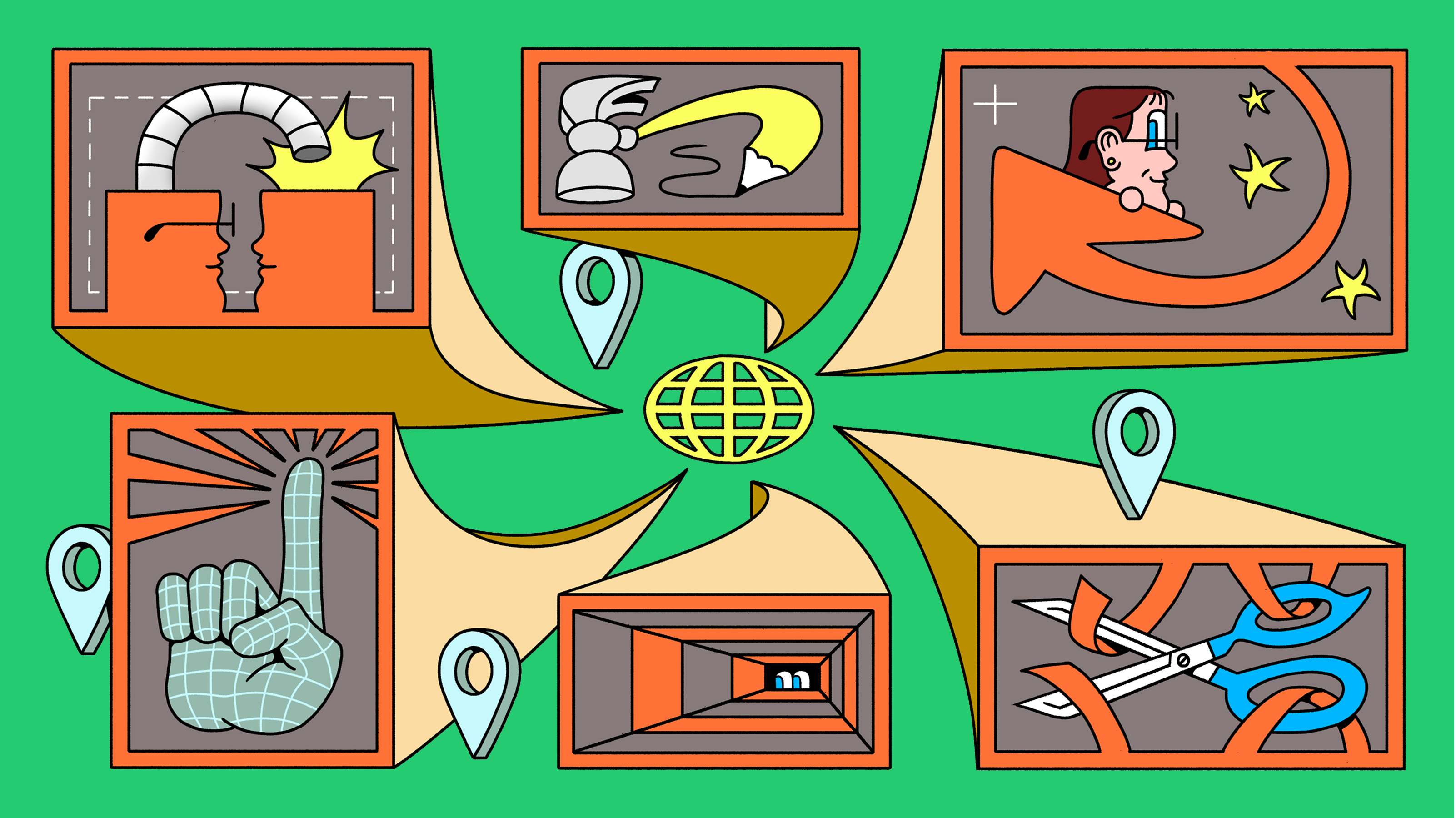 Illustration of a globe on a green background with paths linking framed icons&mdash;magnet shoe, thinking head, loop arrow, raised finger, tunnel eye, scissors.
