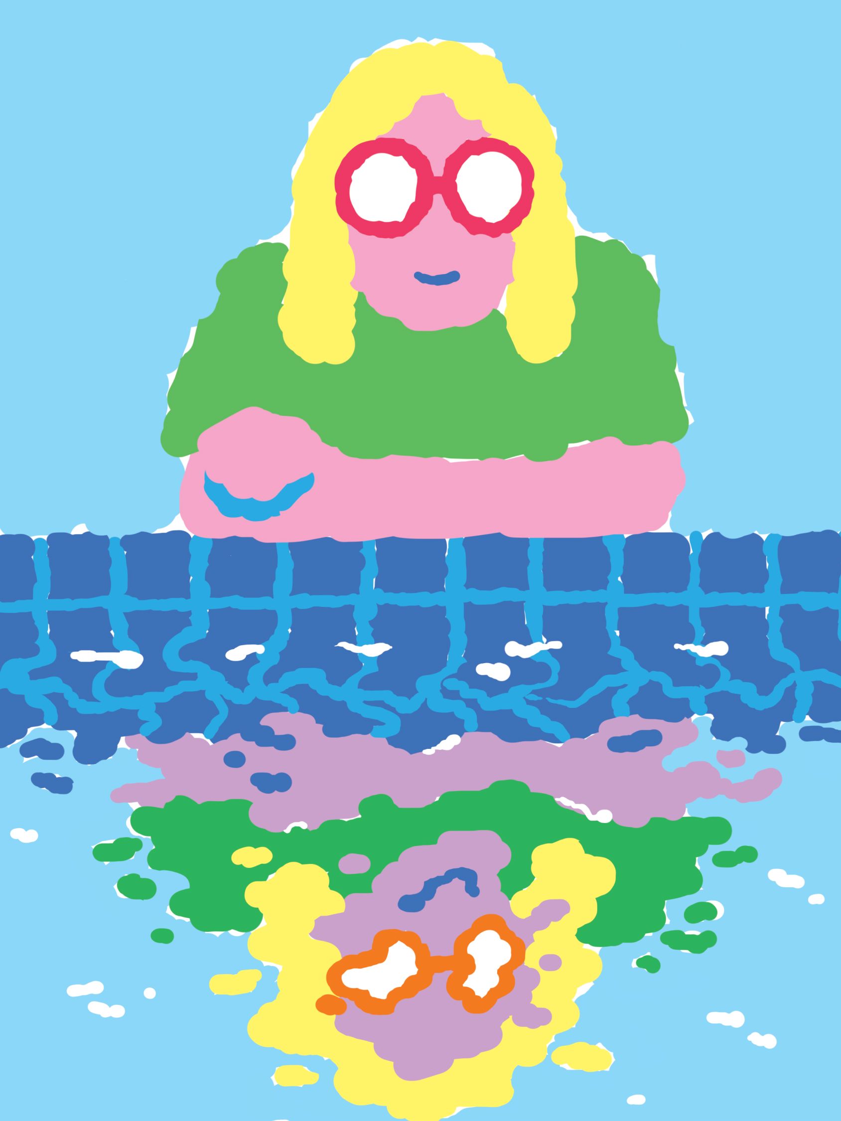 A person with blonde hair and round red glasses sits near a blue tiled edge, with their reflection visible below.