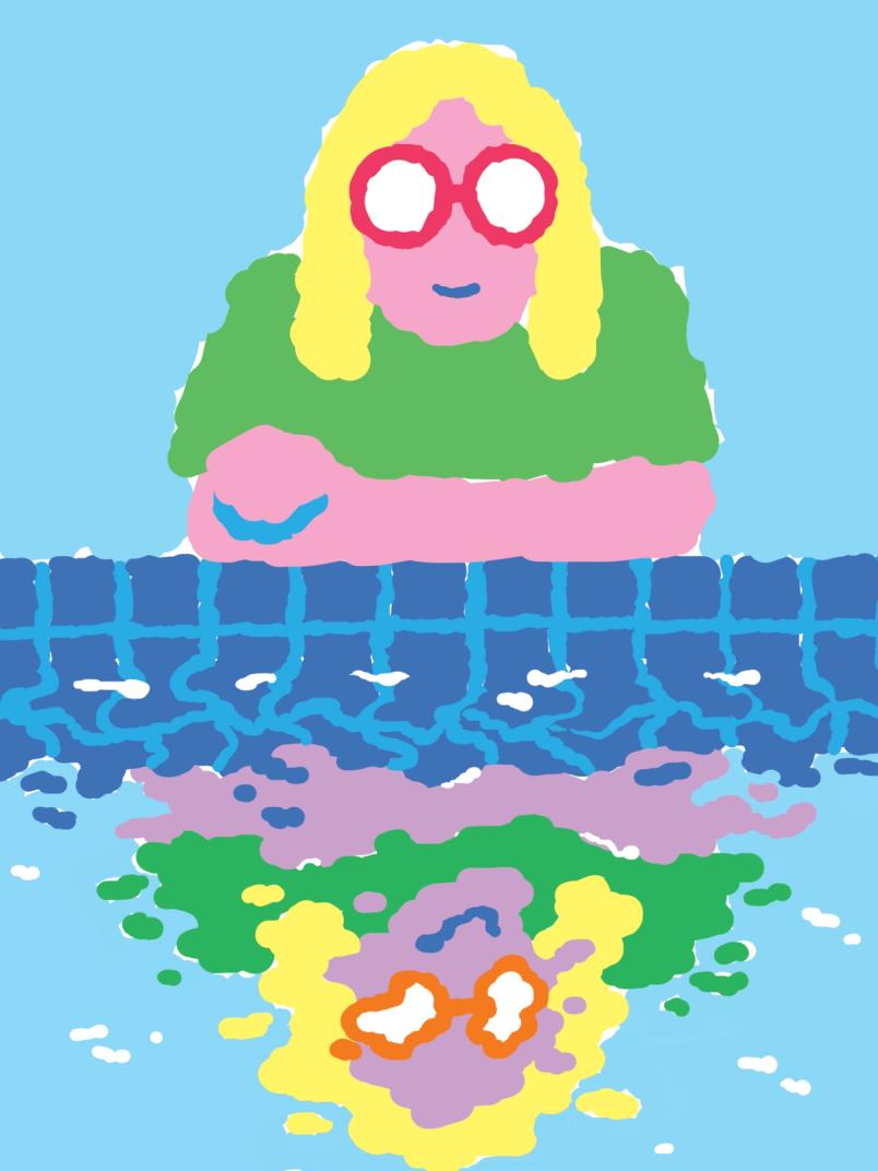 A person with blonde hair and round red glasses sits near a blue tiled edge, with their reflection visible below.