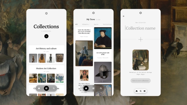 three mobile screens showing collections of art and ability to create new collection