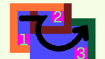 Abstract layered graphic with orange, blue, and green blocks. Magenta squares labeled “1,” “2,” and “3” in bright green appear in different corners. Dark red bars cross the center. A large black curved brushstroke forms an upward-pointing arrow, partially covering the numbers.