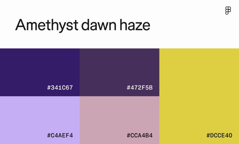 Website color palette with shades or purple and a mustard yellow.