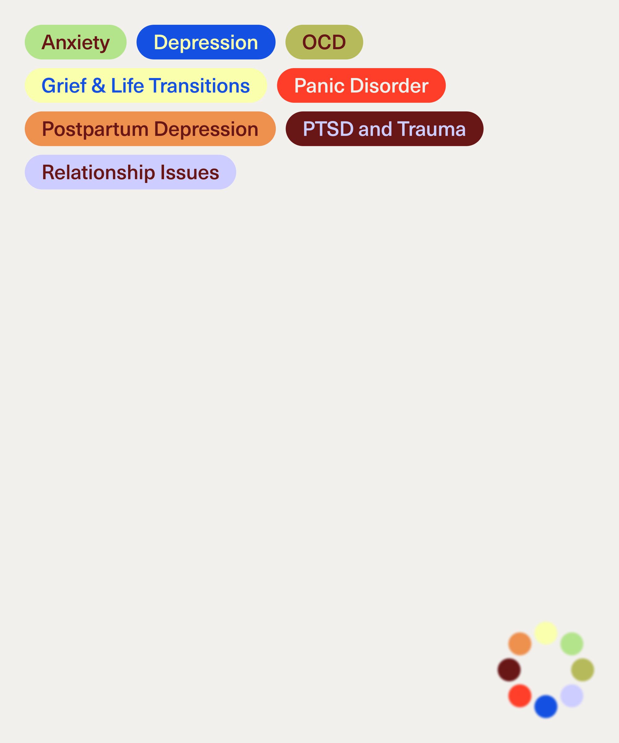 Mental health category tags including anxiety, depression, PTSD, relationships displayed in different colors.